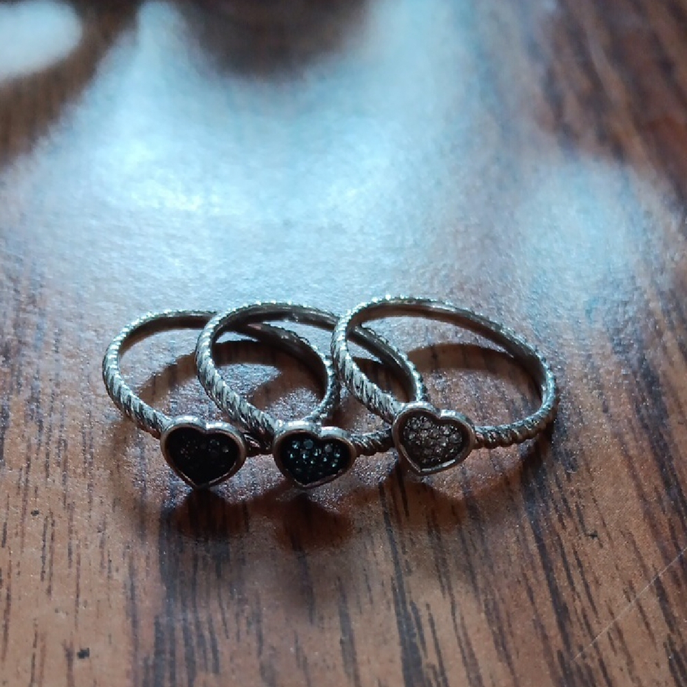 Heart-Shaped Silver & Diamond Rings Set